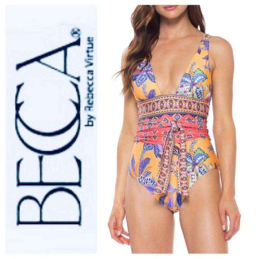 NWT * BECCA Tapestry Bloom Wrap Belt One Piece Swimsuit $148. - Size S